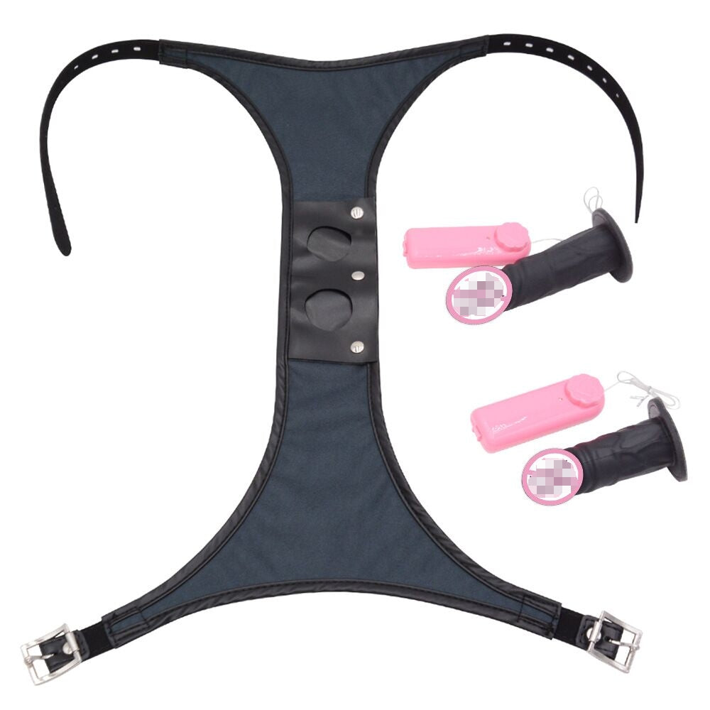 Adjustable Leather Double Strap-On Harness Set with Dual Dildos & Bullet Vibrators