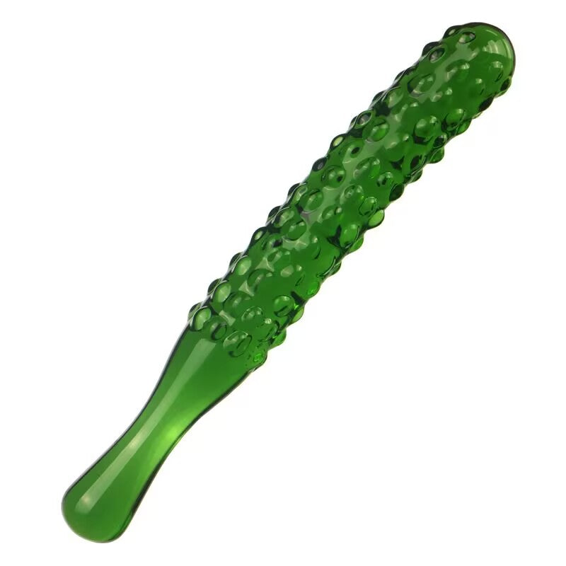 Close-up view of the bumpy textured surface and smooth handle of a green borosilicate glass pickle pleasure tool.