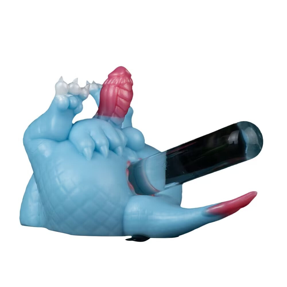 Side profile of the Azure dragon fantasy toy laying down with a clear rod inserted into the lower channel, proving its stretchability.