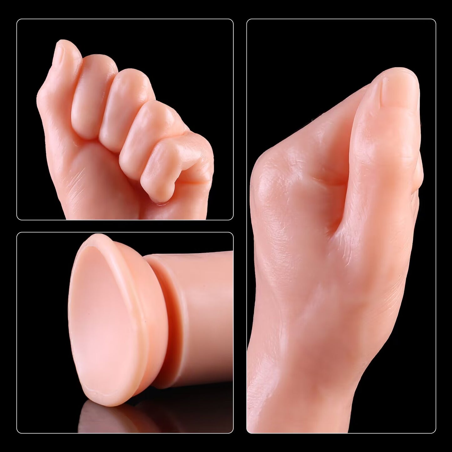 Detailed close-up panels of a flesh-toned realistic fisting dildo, highlighting the realistic clenched fingers, defined wrist structure, and the wide suction vacuum base.