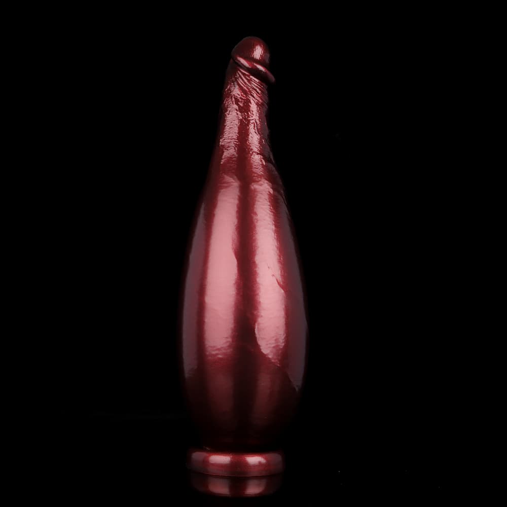 The burgundy inflatable dildo shown in its fully expanded bulbous state, showcasing extreme thickness.