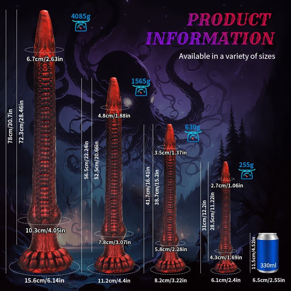 Full dimension specification chart of the fantasy dildo comparing small, medium, large, and 78cm giant XL sizes with a 330ml soda can.