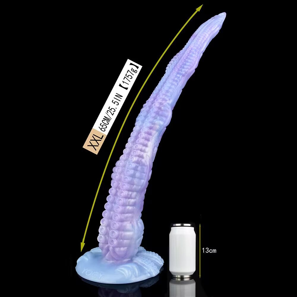 Extreme size XXL giant alien tentacle dildo measuring 65cm and weighing 1757g, standing tall next to a 13cm white can.