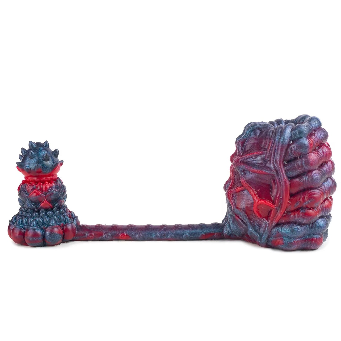 Flat horizontal layout of the hands-free prostate plug with integrated cock ring, displaying the entire structure of the metallic sheen adult toy.