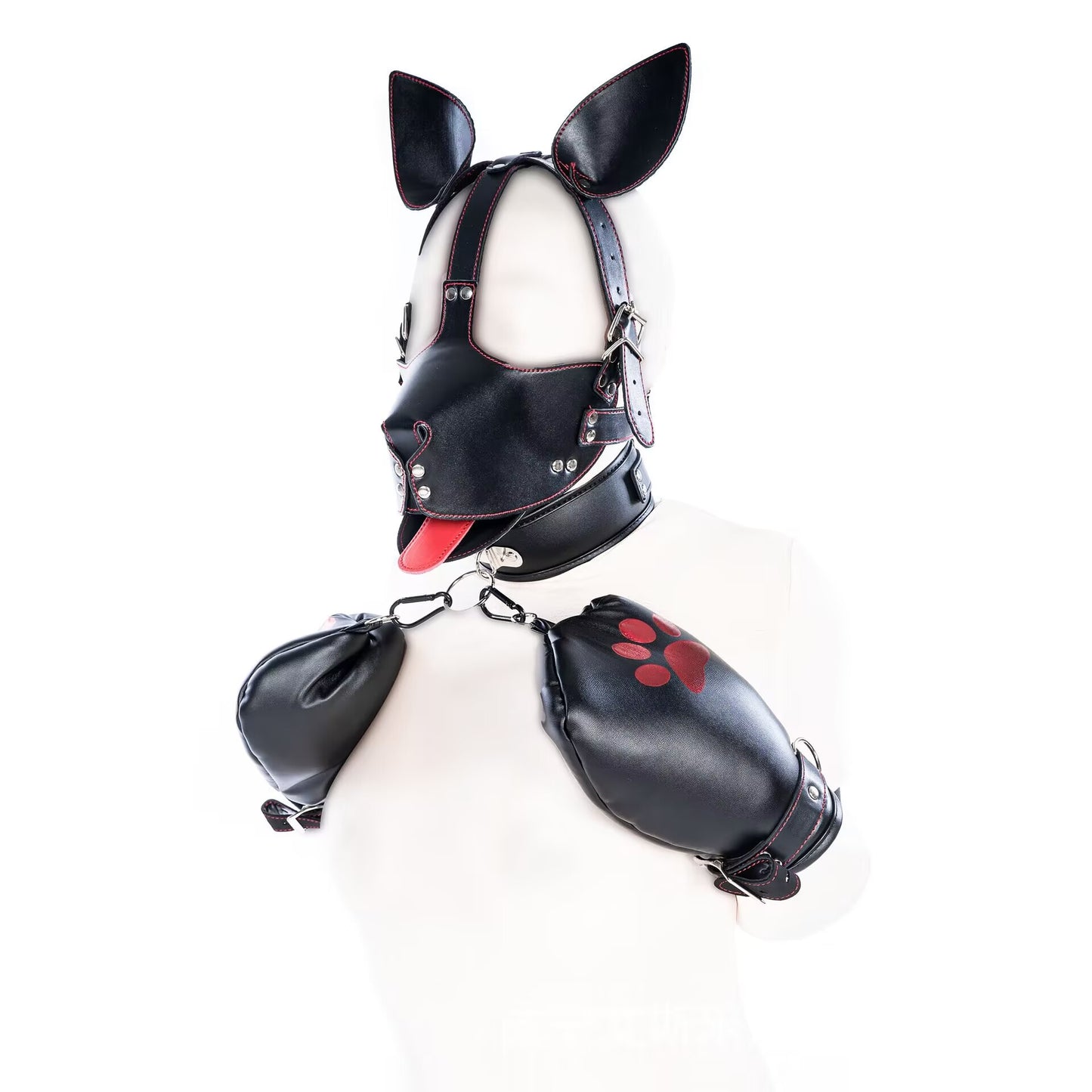K9 puppy play set showing leather hood mask and red paw print mitts.