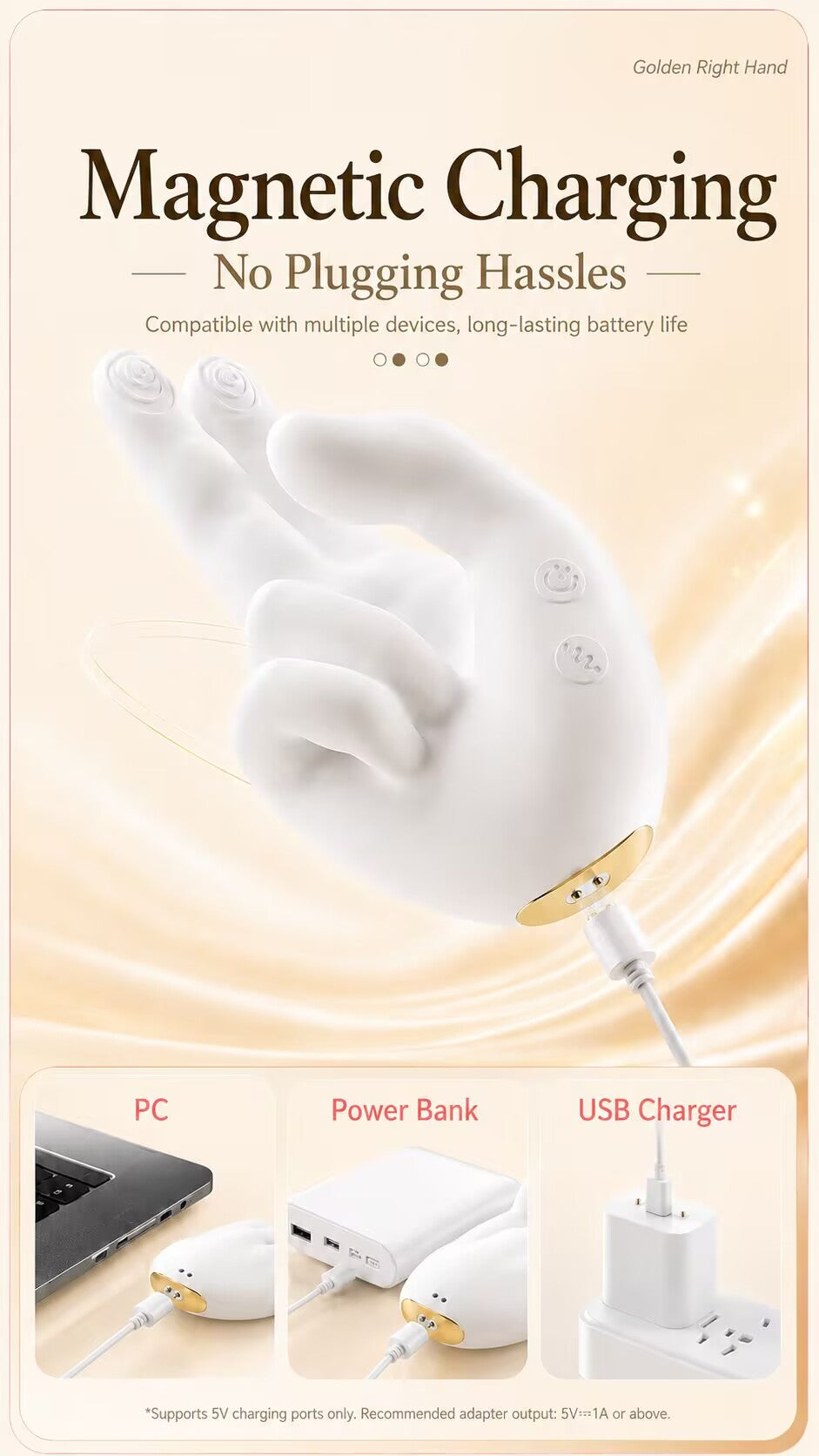 Golden Touch vibrator connecting to a magnetic USB charger, illustrating charging compatibility with a PC laptop, power bank, and wall charger adapter.