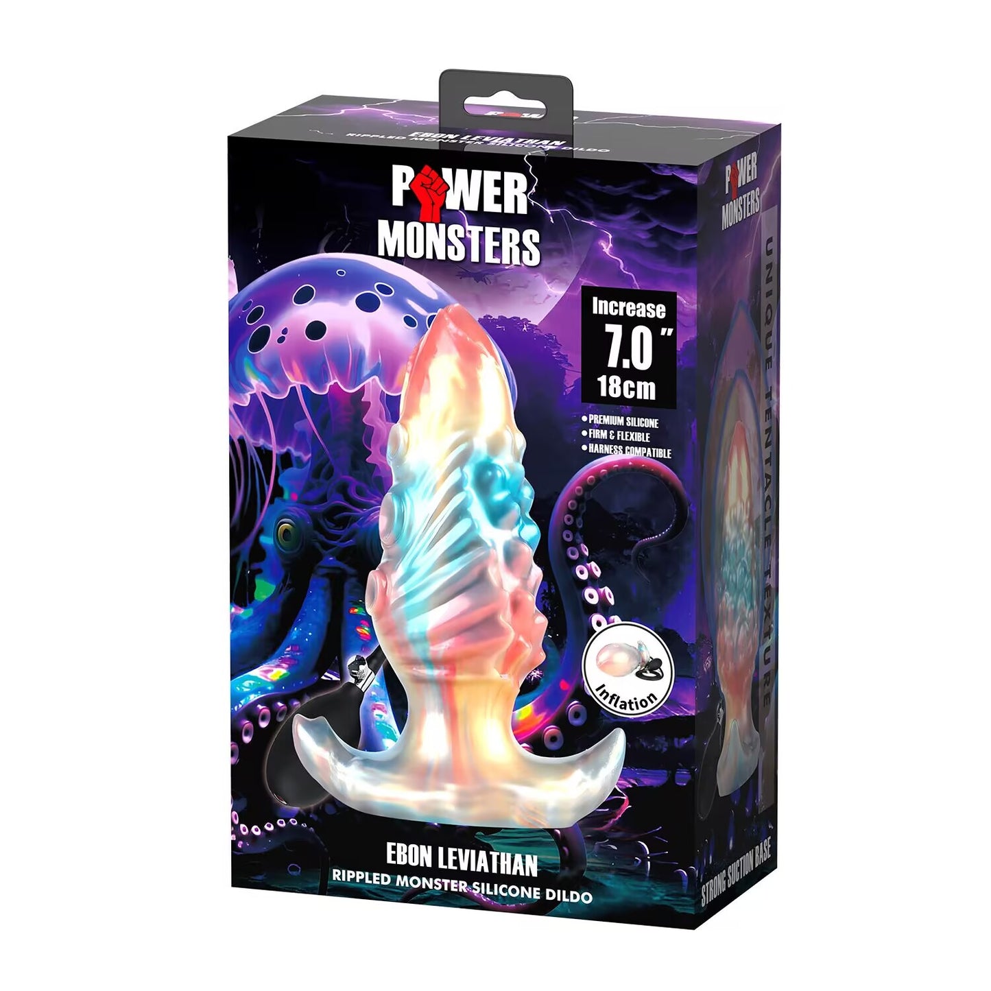 The official retail packaging box of Power Monsters Ebon Leviathan Rippled Monster Silicone Dildo with cyber-punk deep sea artwork.