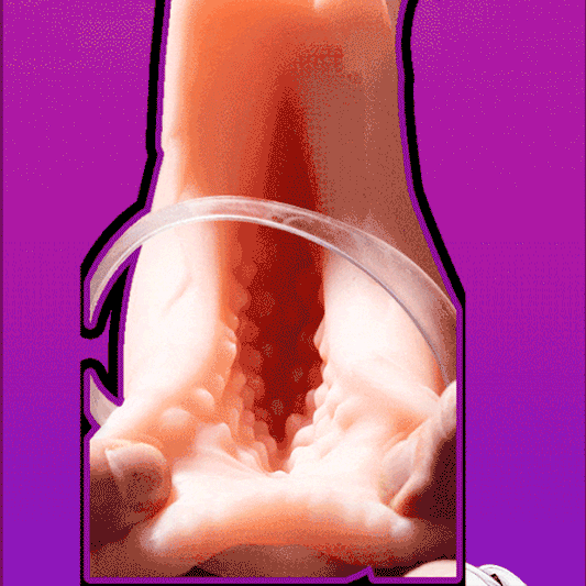 Close-up view of the inner ribbed and pebbled texture channel of the high heel male masturbator.