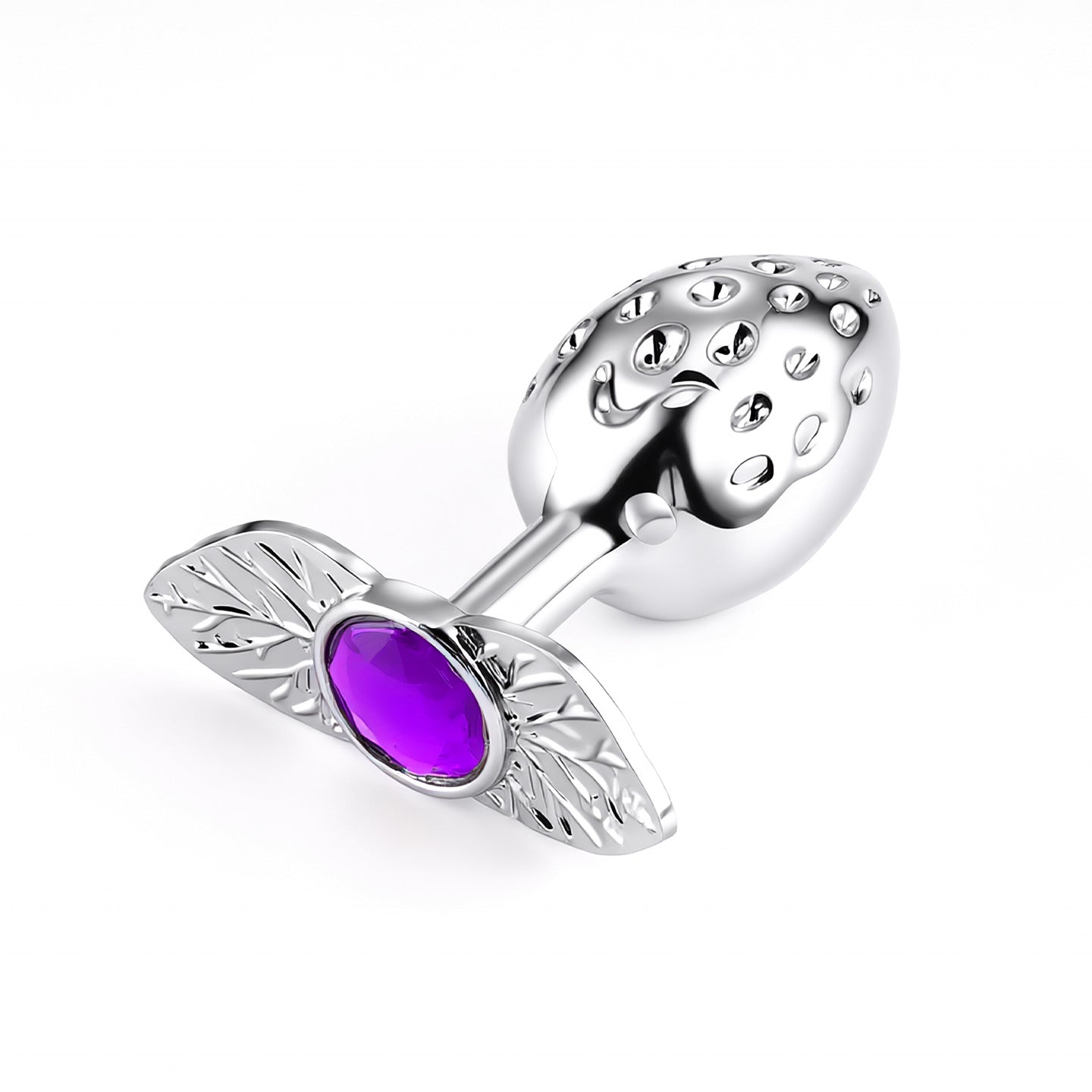 Erotic jewelry style strawberry metal butt plug close-up, showcasing a regal purple amethyst crystal gemstone on the flared safety base.
