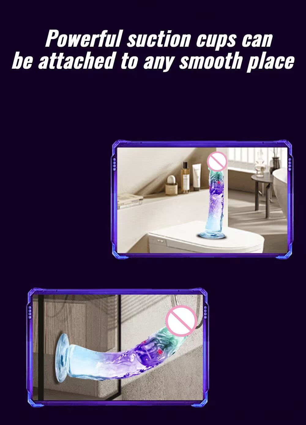 Demonstration of strong suction cup base attached to a toilet lid and a smooth glass wall.