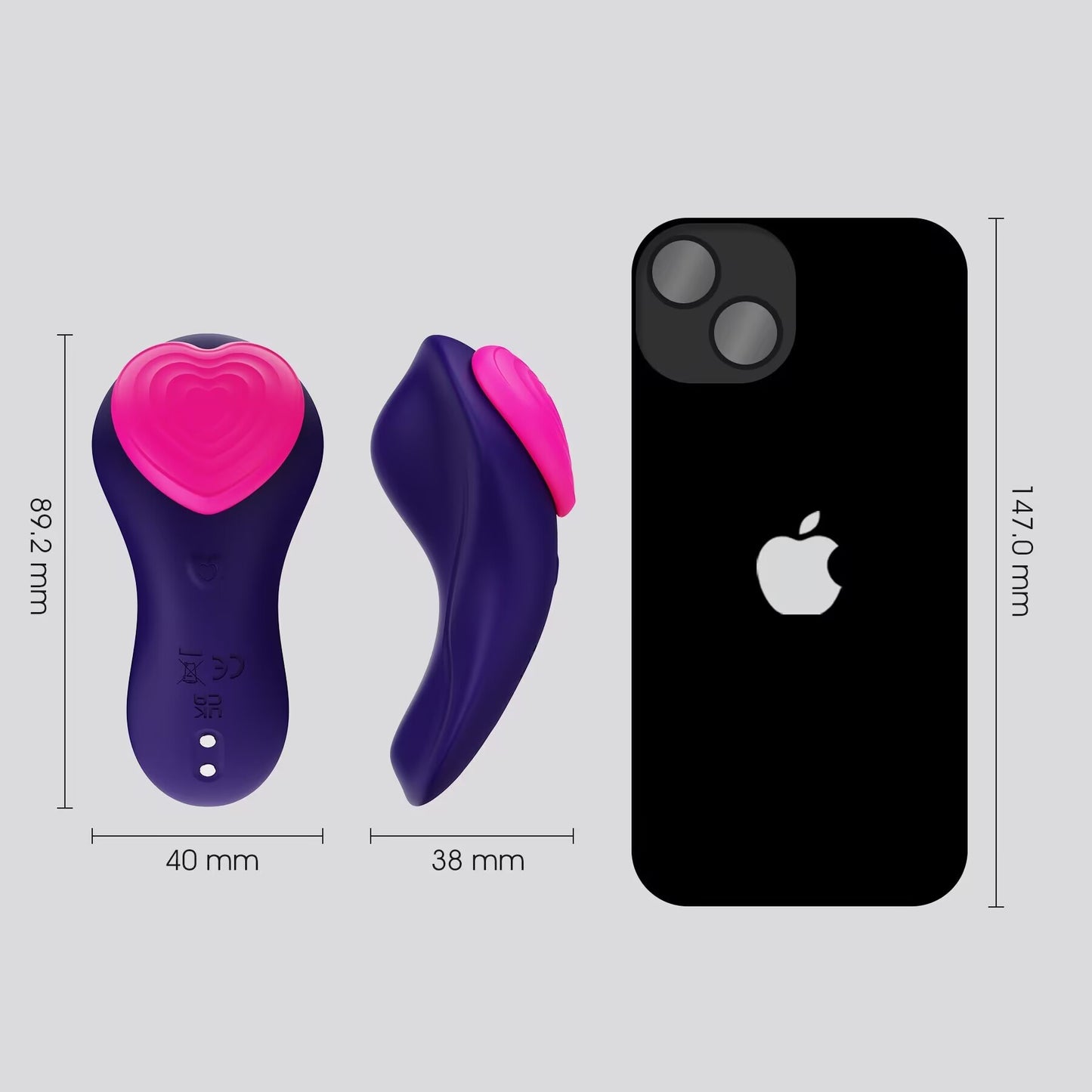 Size dimensions infographic comparing a wearable vibrator 89.2mm length against a smartphone.