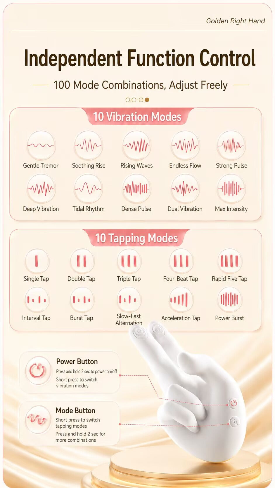 Grid display of 10 vibration modes including Gentle Tremor and Max Intensity, and 10 tapping modes like Single Tap and Power Burst, with button operation guide.