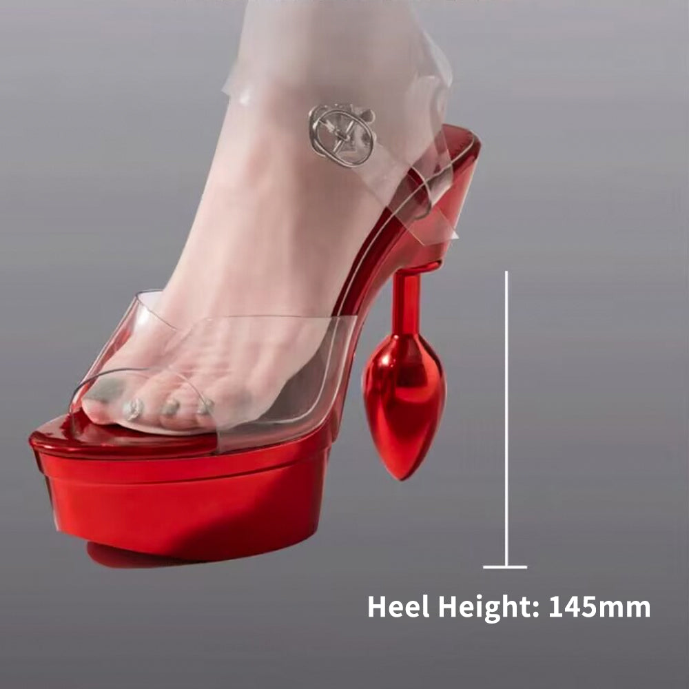 Side view size guide displaying 145mm (14.5cm) heel height on metallic red butt plug platform sandals.