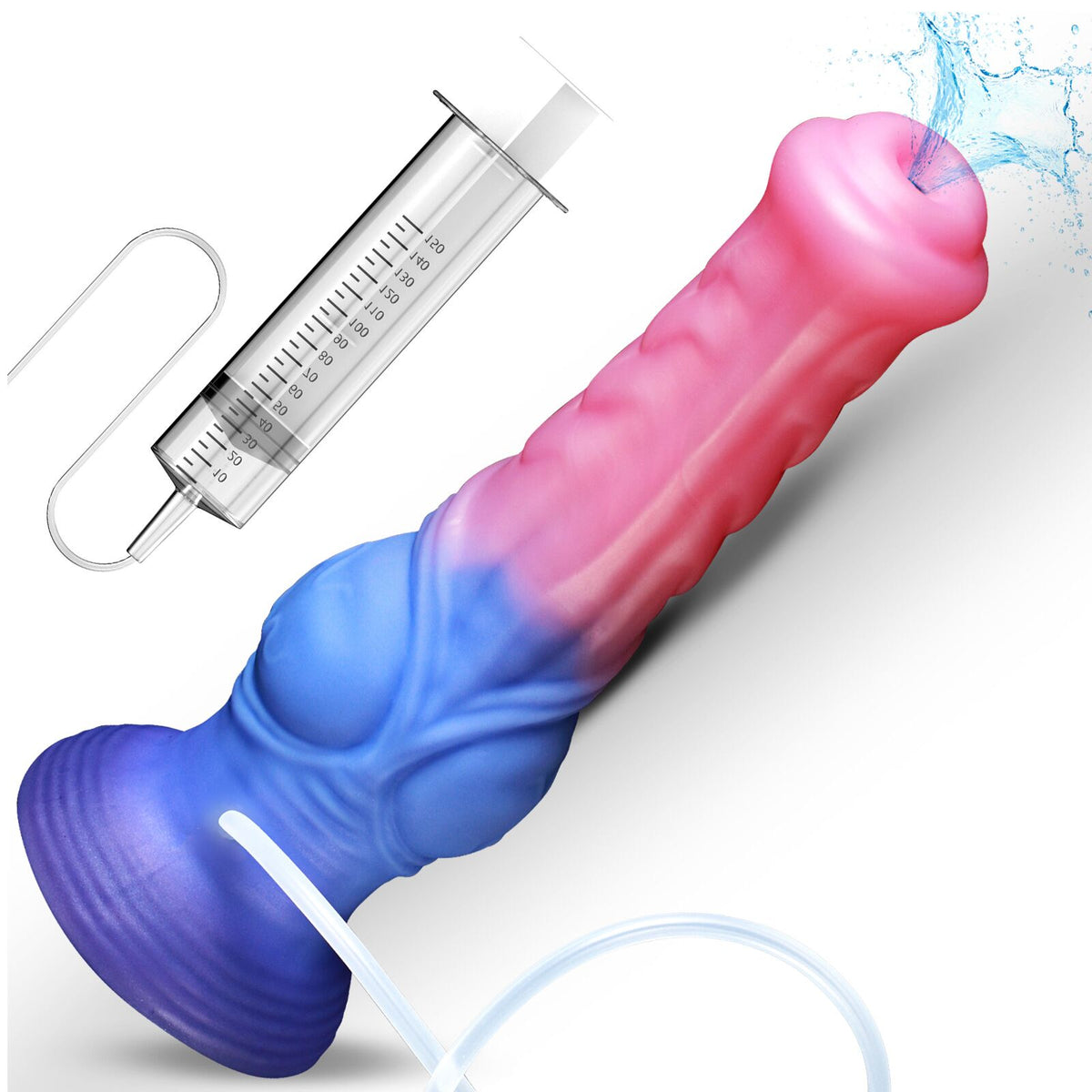 Dual-Color Fantasy Silicone Dildo with Liquid Injection Syringe & Strong Suction Base – Multi-Size Ejaculating Adult Toy