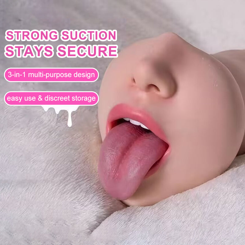 3-in-1 deep throat realistic oral stroker with strong suction base and texturing