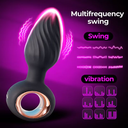 SensualSwing black silicone 360 swinging vibrating butt plug showing multifrequency vibration wave patterns