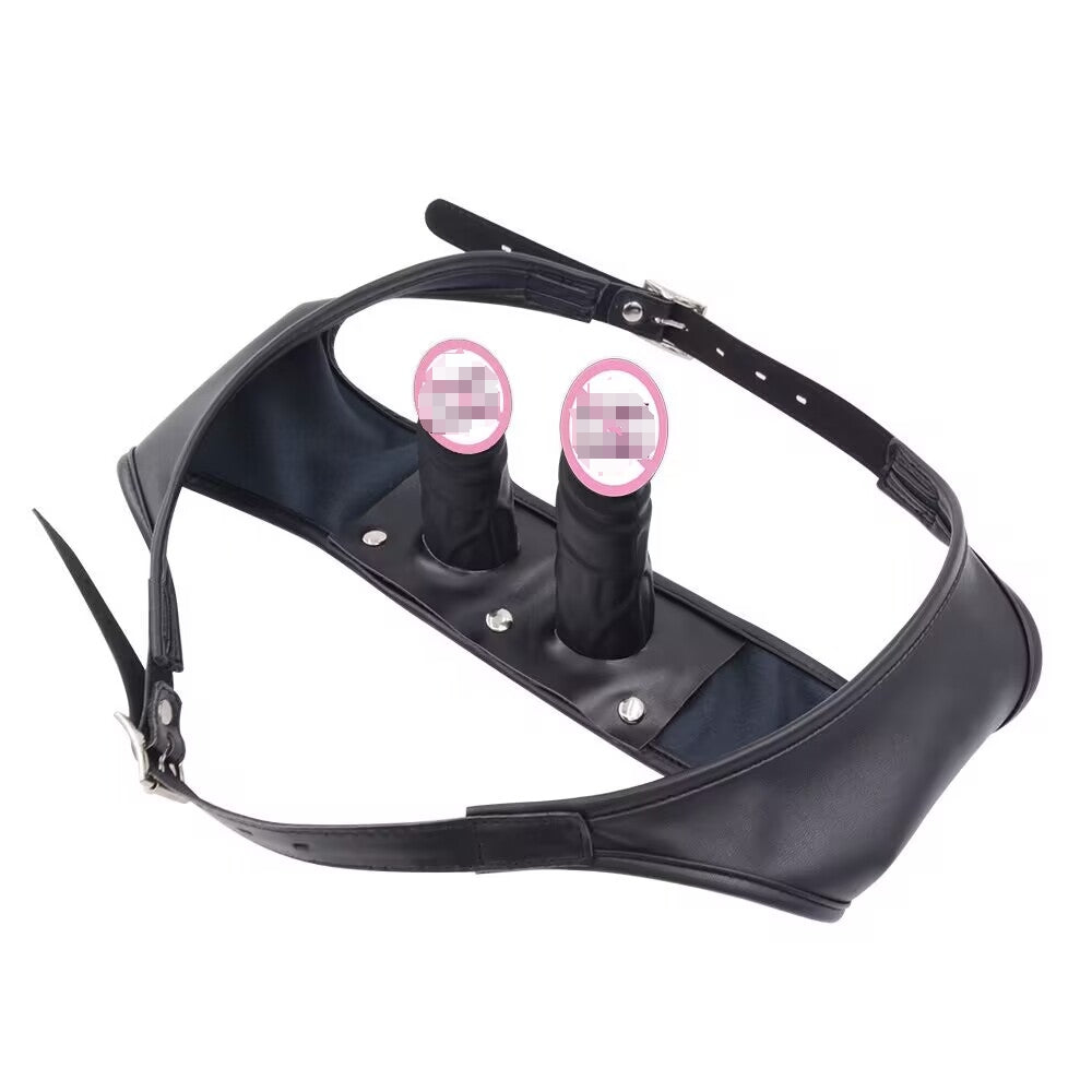 Adjustable Leather Double Strap-On Harness Set with Dual Dildos & Bullet Vibrators