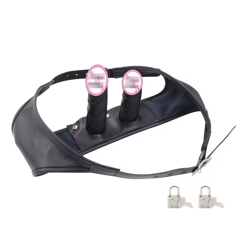 Adjustable Leather Double Strap-On Harness Set with Dual Dildos & Bullet Vibrators