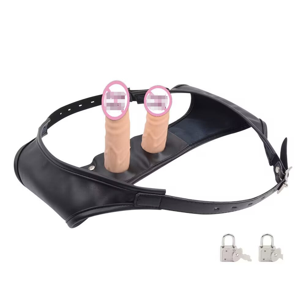 Adjustable Leather Double Strap-On Harness Set with Dual Dildos & Bullet Vibrators