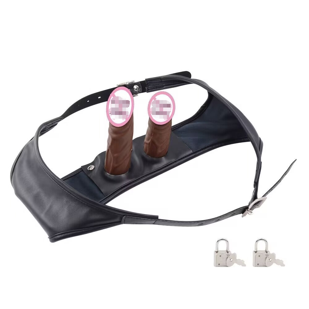 Adjustable Leather Double Strap-On Harness Set with Dual Dildos & Bullet Vibrators