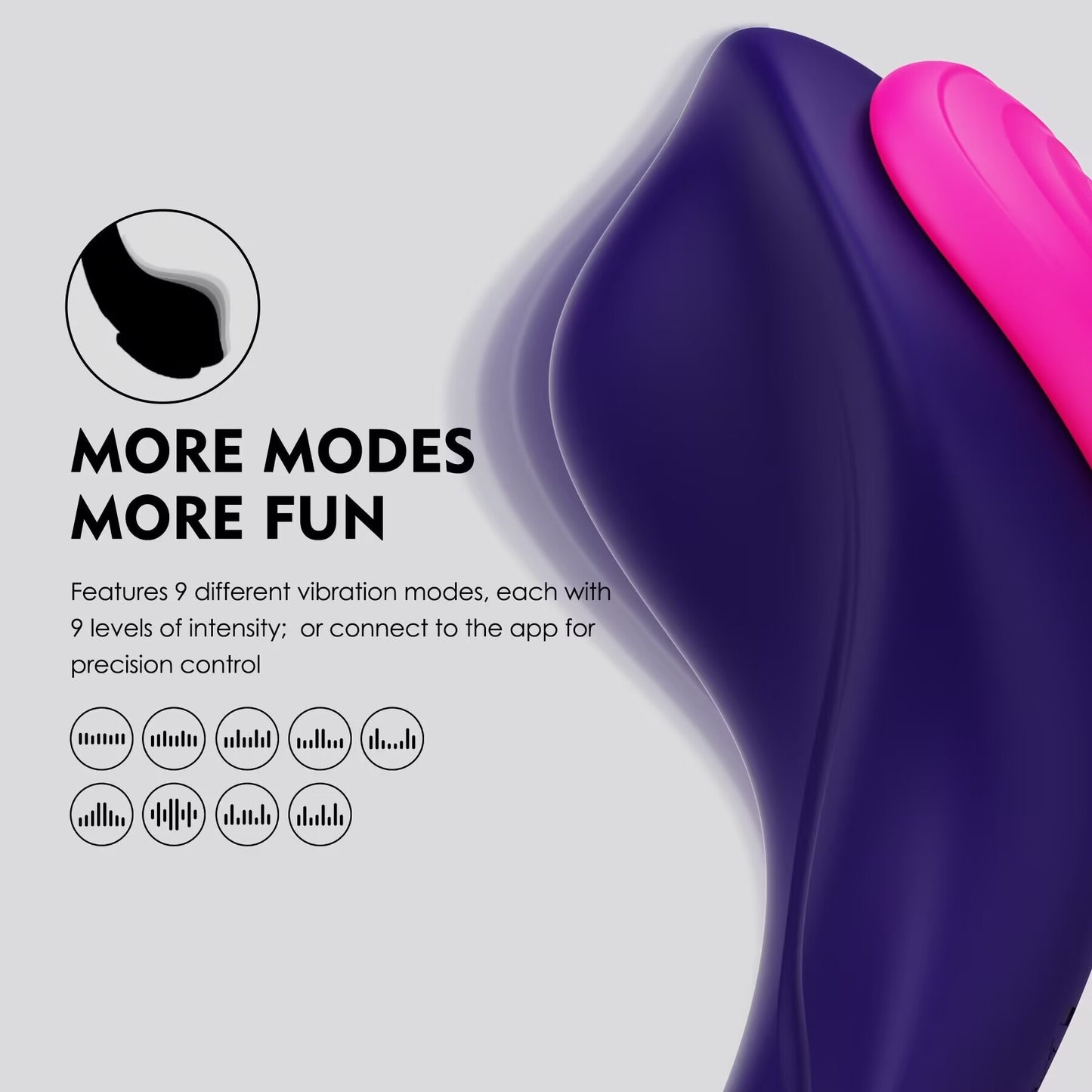Infographic showing 9 vibration modes and intensity levels of an app controlled vibrator.