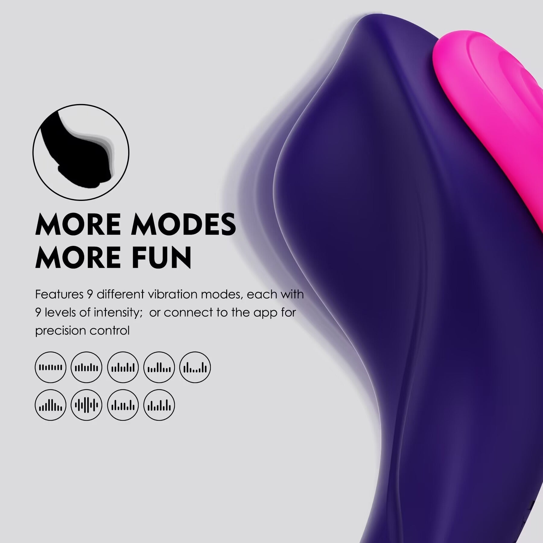 Infographic showing 9 vibration modes and intensity levels of an app controlled vibrator.