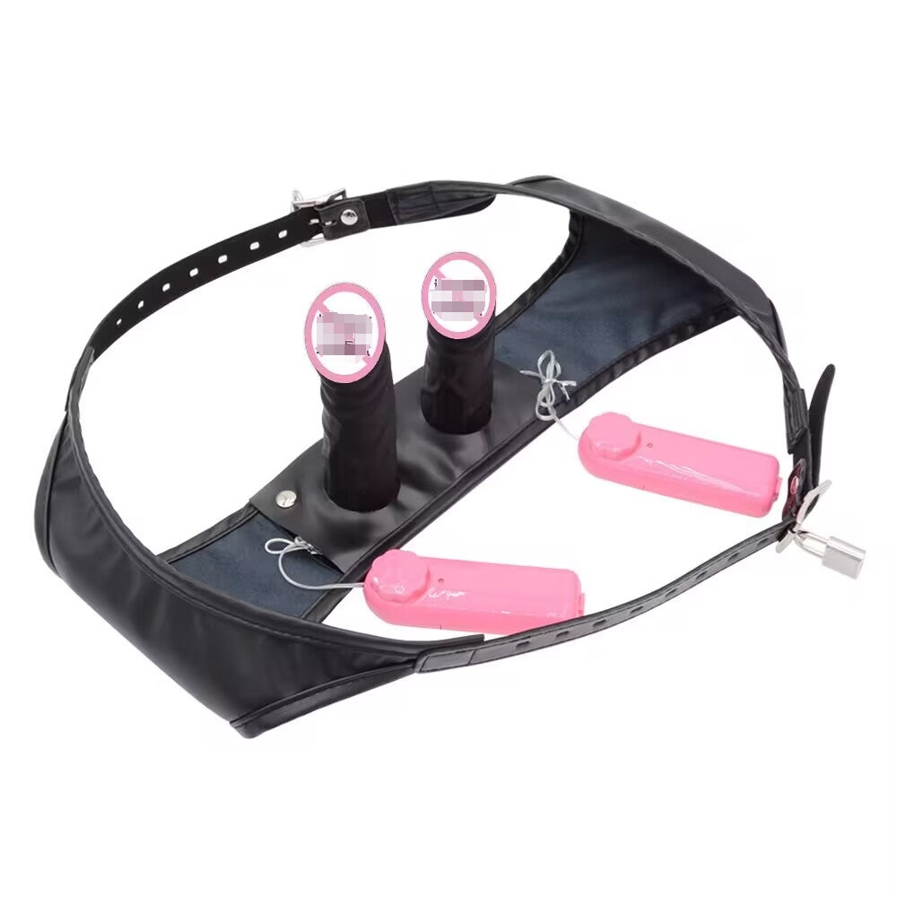 Adjustable Leather Double Strap-On Harness Set with Dual Dildos & Bullet Vibrators