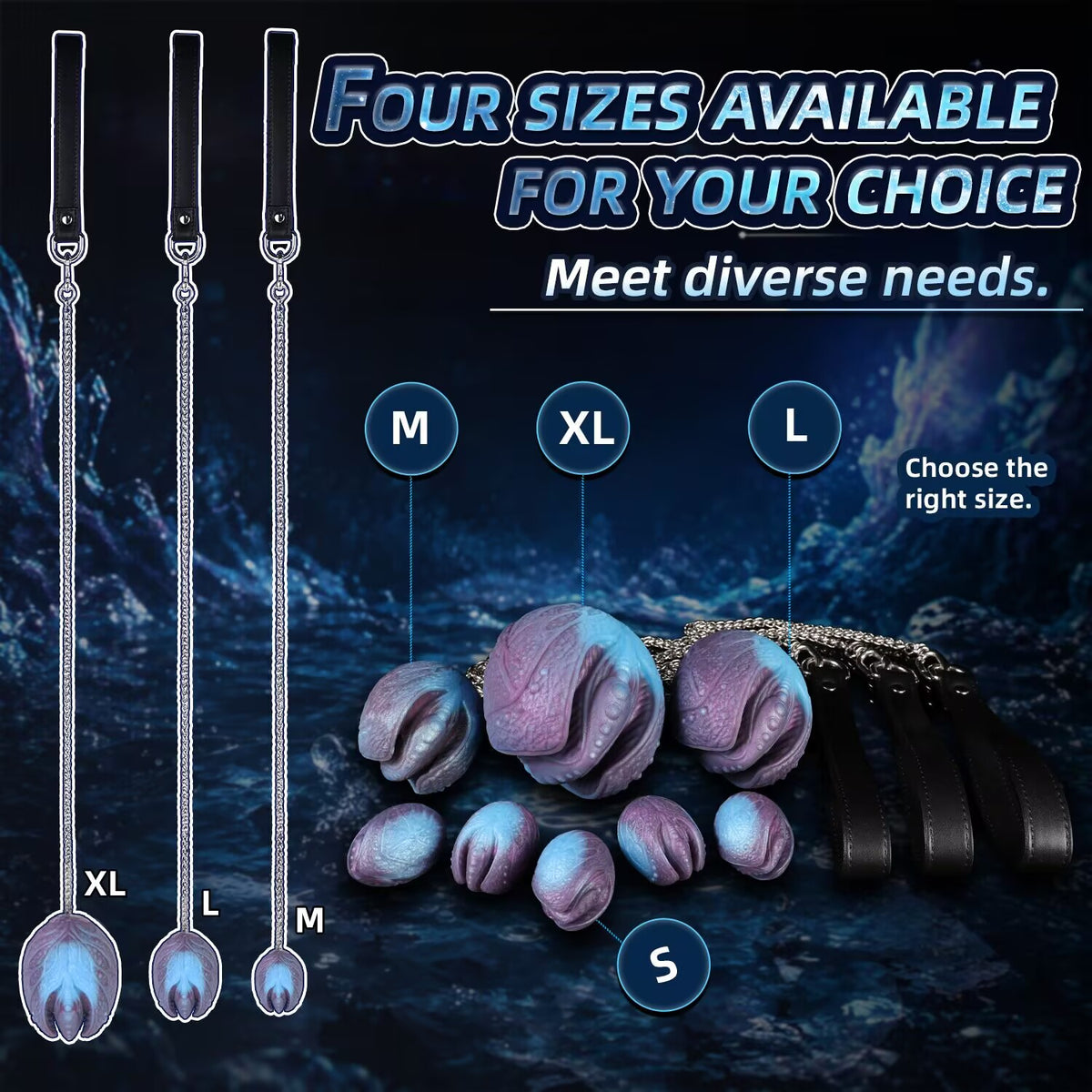 Four size options available S M L XL for abyssal mystic egg fantasy silicone beads.