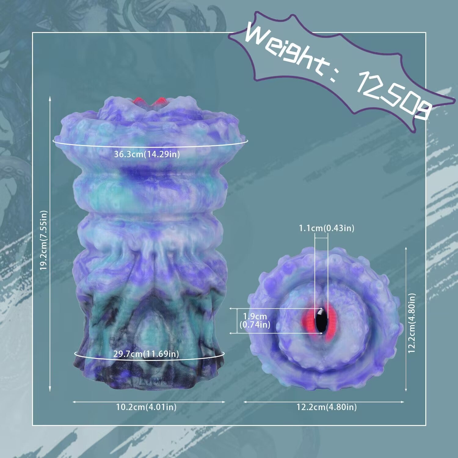 Dimension chart showing height, width, entry size, and weight of 1250g abyssal tentacle male masturbator.