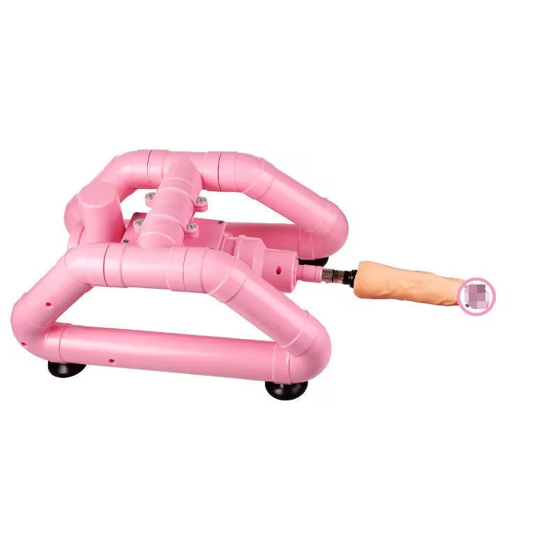 Side view of an adjustable-angle thrusting sex machine showing flexible position setup.