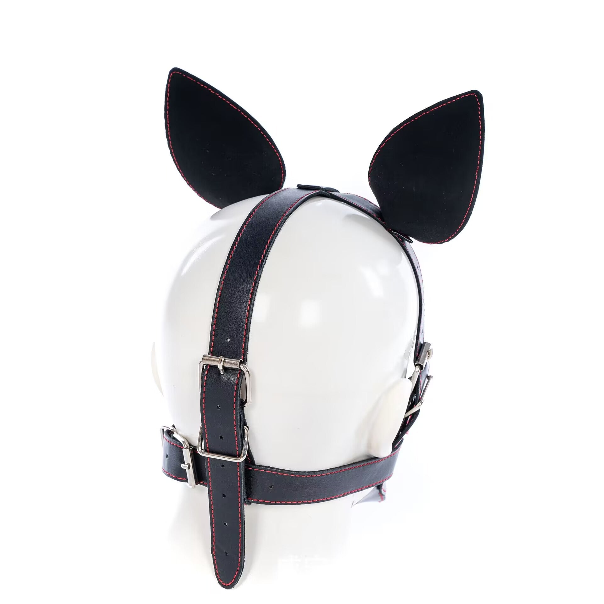 Rear view of adjustable K9 hood mask showing secure head buckle straps.
