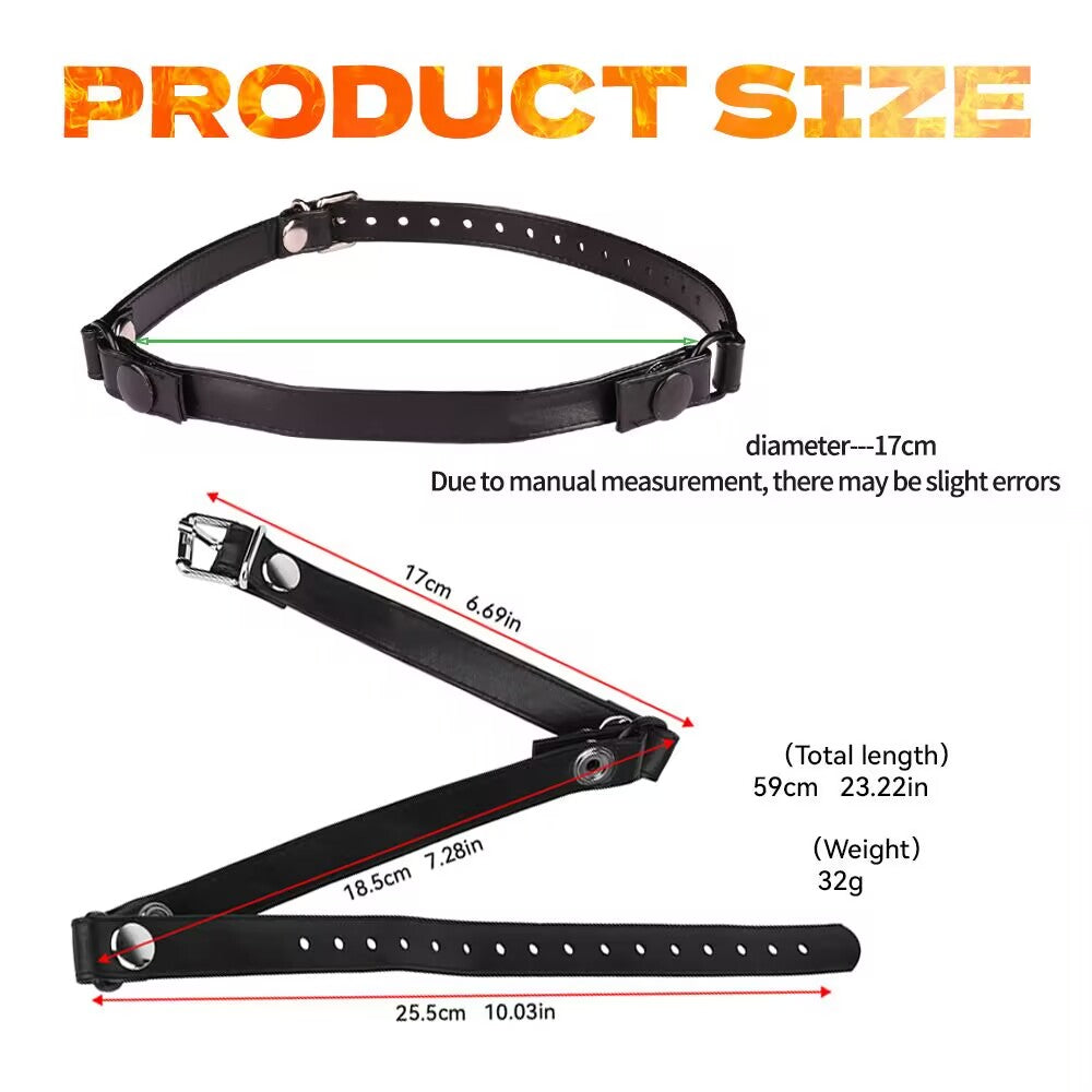 Product size diagram of black leather collar strap showing total length 59cm and adjustable diameter 17cm.