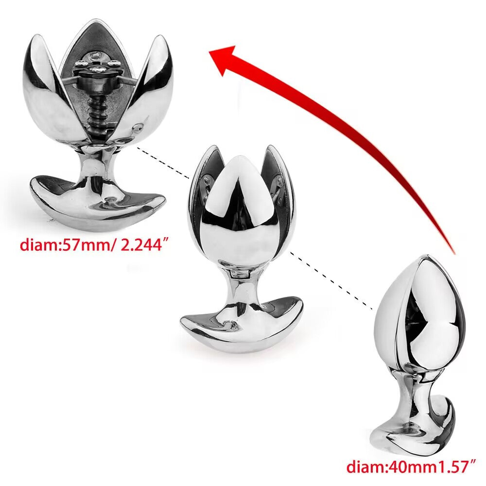 Three-step diagram demonstrating the transition from closed 40mm shape to fully bloomed 57mm metal plug.
