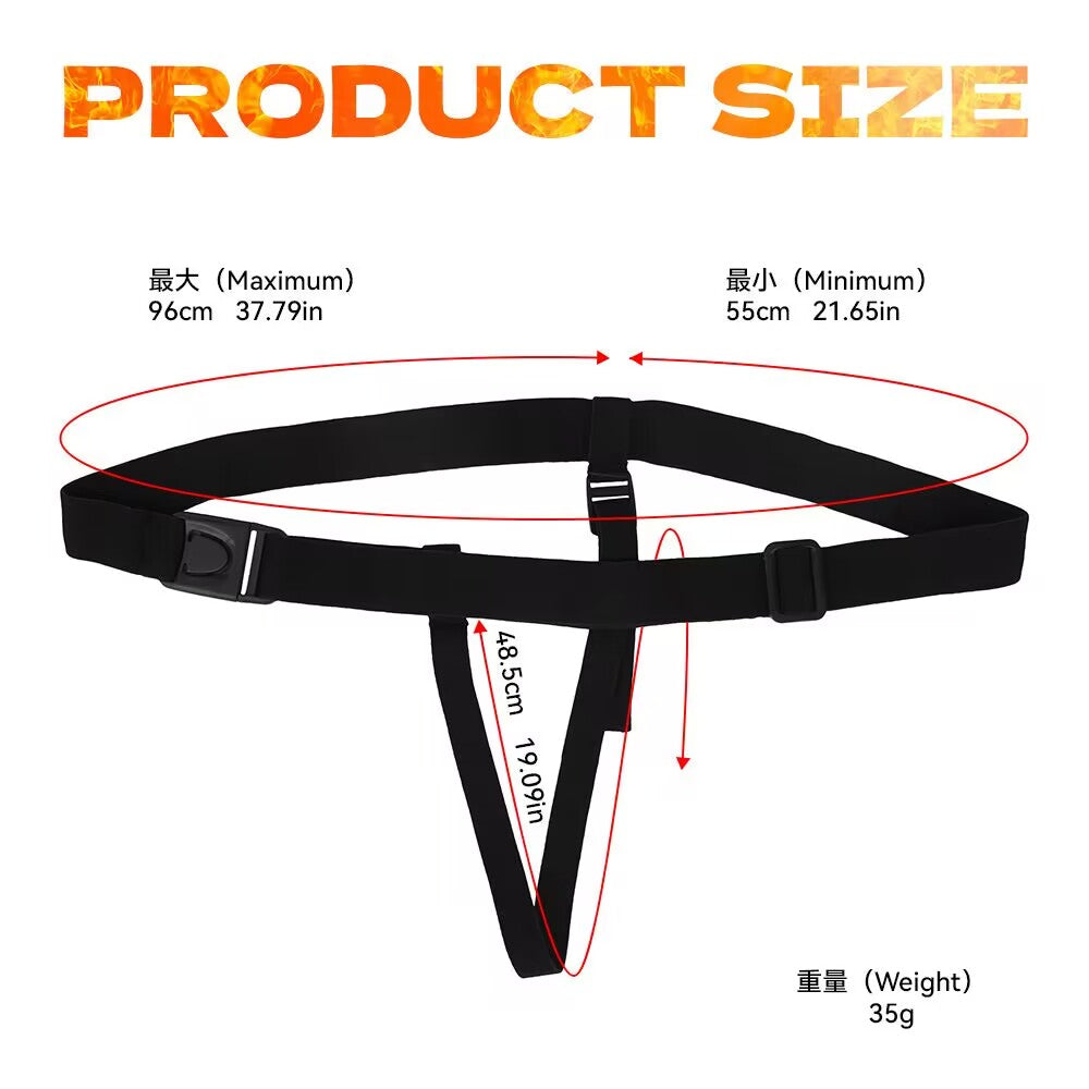 Product size chart for black elastic strap-on harness showing adjustable waist dimensions from 55cm to 96cm.