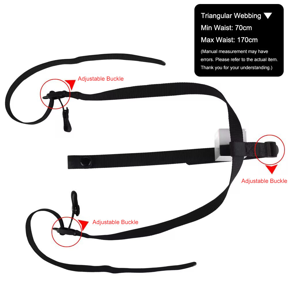 Adjustable triangular webbing harness strap dimensions showing 70cm to 170cm waist size range with quick-release buckles