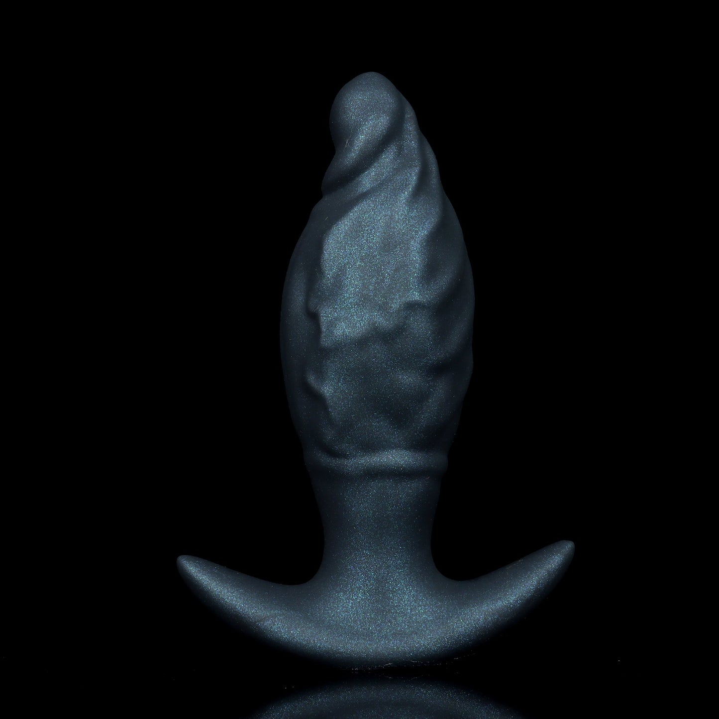 Charcoal black inflatable butt plug for advanced size training, featuring heavy organic rippled textures and a secure safety flared base.