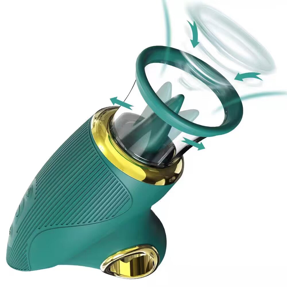 Diagram showing airflow pulse technology and flexible tongue movement in a breast sucking device.