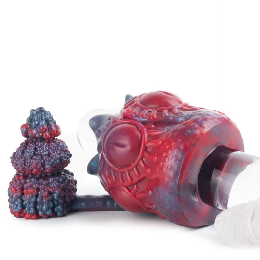 Demonstration of the premium alien cock ring and male stamina trainer function using a transparent cylinder to showcase flexible suction and deep grip.