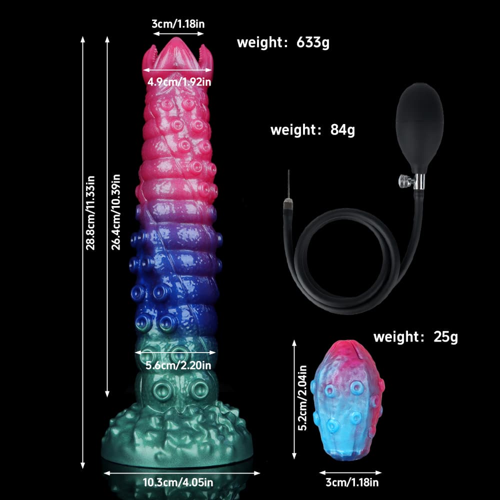 Detailed size and weight specification chart for the alien egg layer dildo, showing 11.33 inches total height, 5.6cm shaft diameter, and weights for the dildo, pump, and eggs.