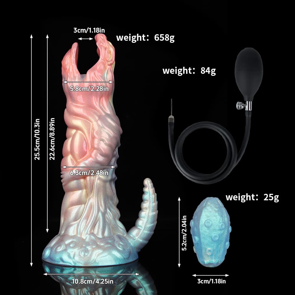 A detailed dimensions and weight specifications chart for the alien egg layer fantasy dildo, showing a height of 25.5cm, insertable length of 22.6cm, and egg size of 5.2cm.