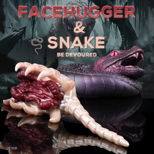 Alien facehugger and dark venomous snake fantasy male stroker adult toy options in soft silicone