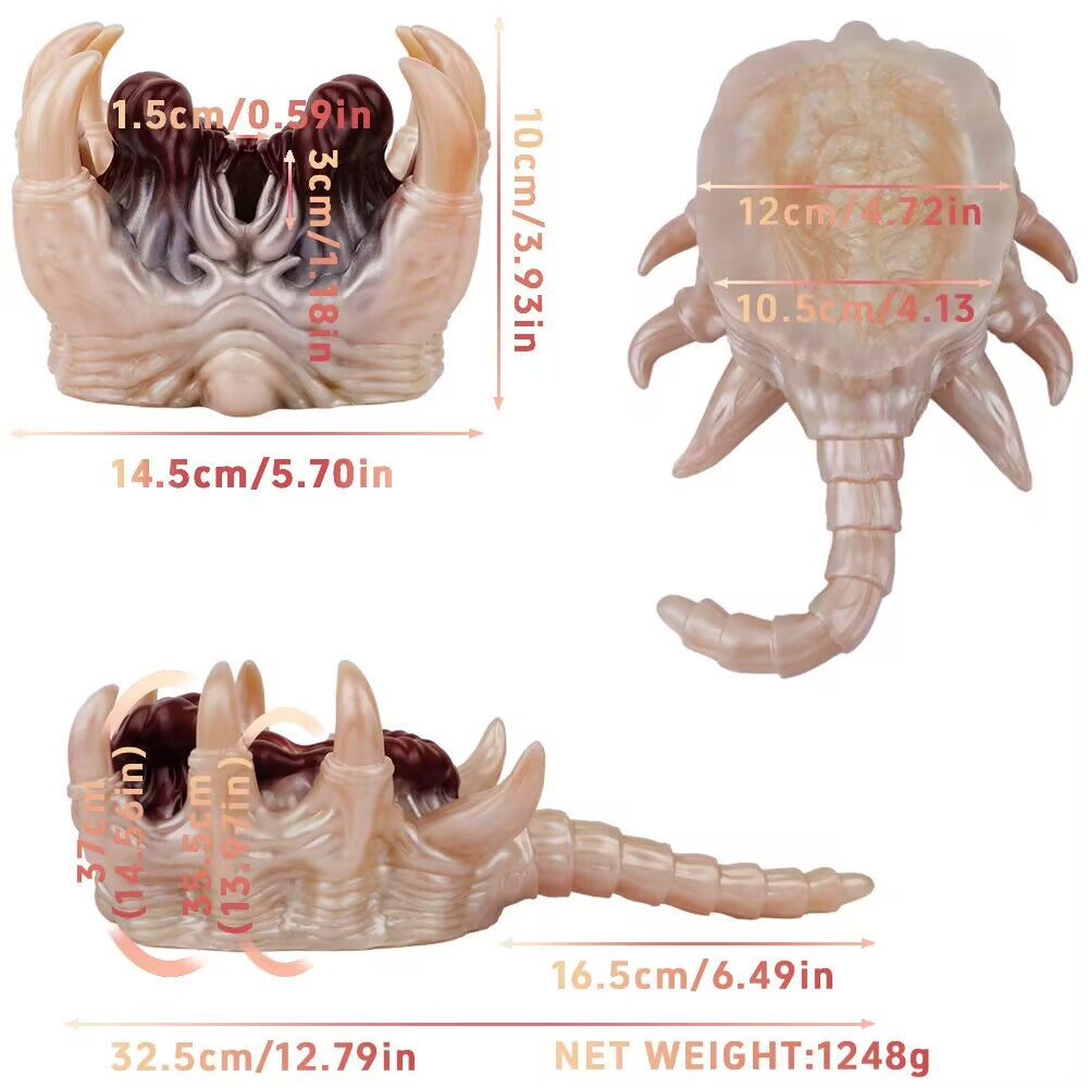 Detailed dimension chart showing size and weight specs for alien facehugger silicone fantasy toy