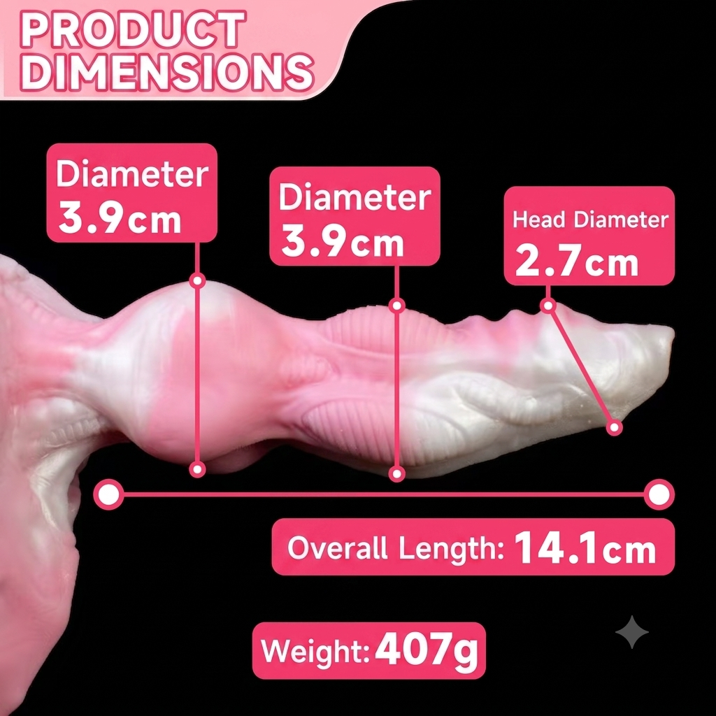 Product dimensions chart for the monster dildo showing an overall length of 14.1cm, shaft diameter of 3.9cm, head diameter of 2.7cm, and a weight of 407g.