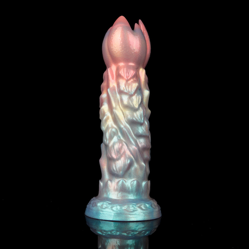 Side-back view of the holographic shimmering alien monster dildo highlighting the complex biological textures, reptilian scales, and beautiful color shifts from cyan to pink.