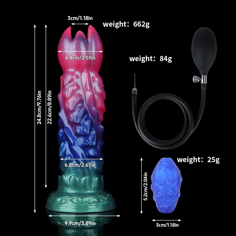 Product size chart and dimension guide for the Alien Queen ovipositor dildo showing height of 24.8cm, diameter of 6.8cm, base of 9.9cm, and weight specification of 662g.