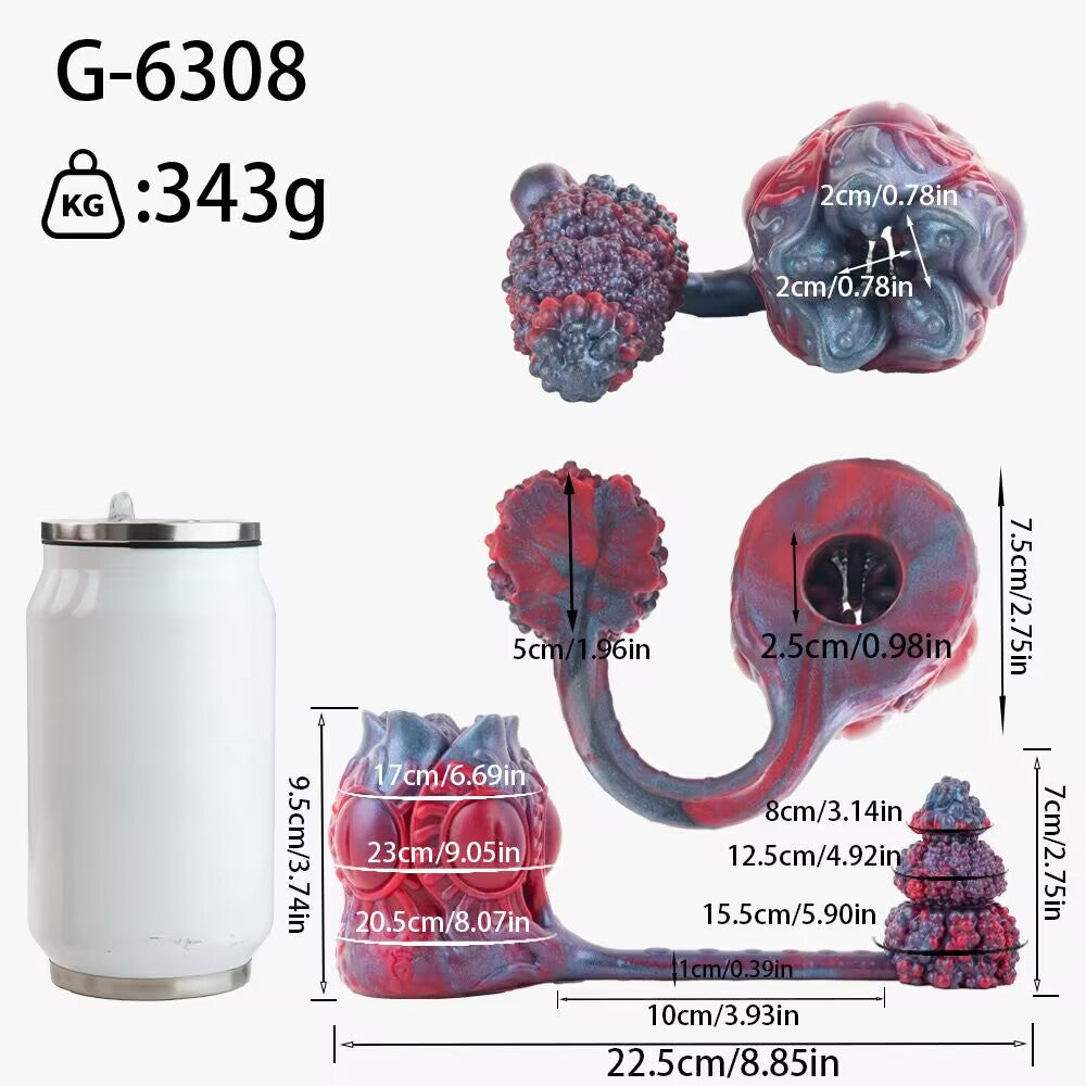 Technical dimensions blueprint for G-6308 alien prostate plug showing 22.5cm total length, 343g weight, and 2.5cm stretchable inner ring diameter.