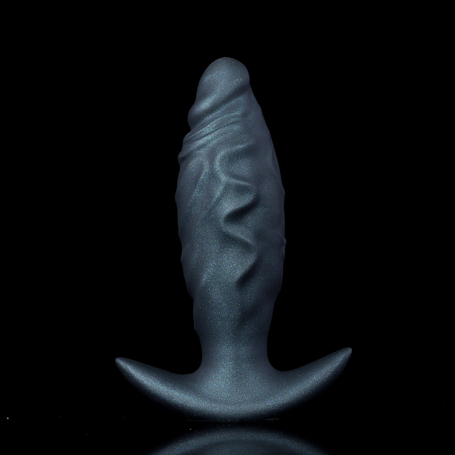 Black expandable fantasy anal plug with alien-like ribbed textures and a wide anchor safety base for advanced training.