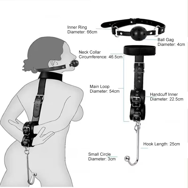 Dimension diagram for anal hook harness set including gag, collar, cuffs, and hook measurements.