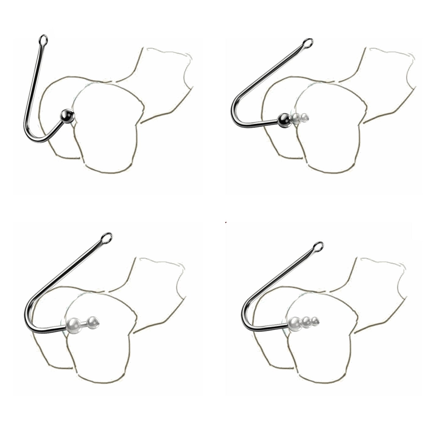 Wearing and body position diagram showing single, double, and triple bead anal hook placements.