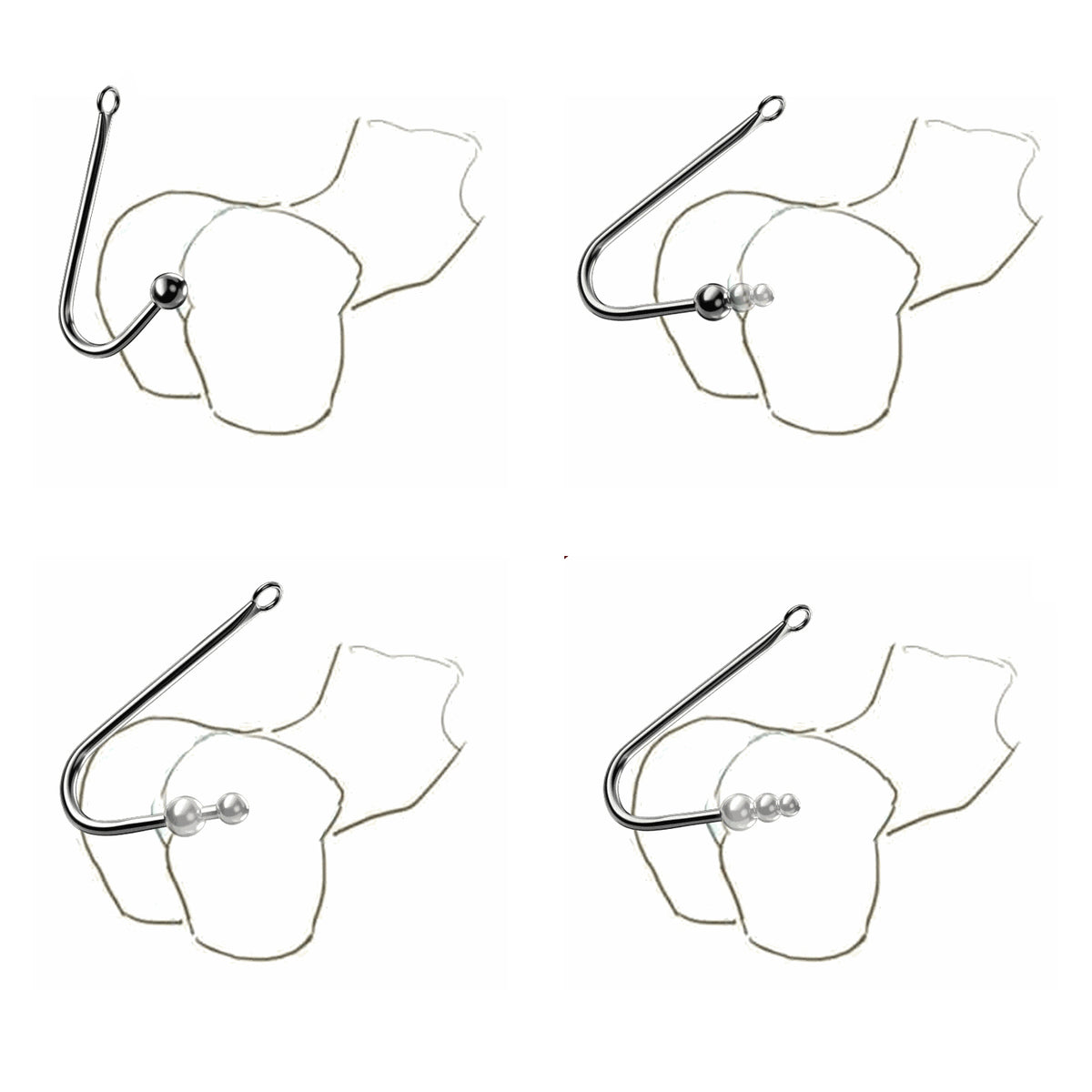 Wearing and body position diagram showing single, double, and triple bead anal hook placements.